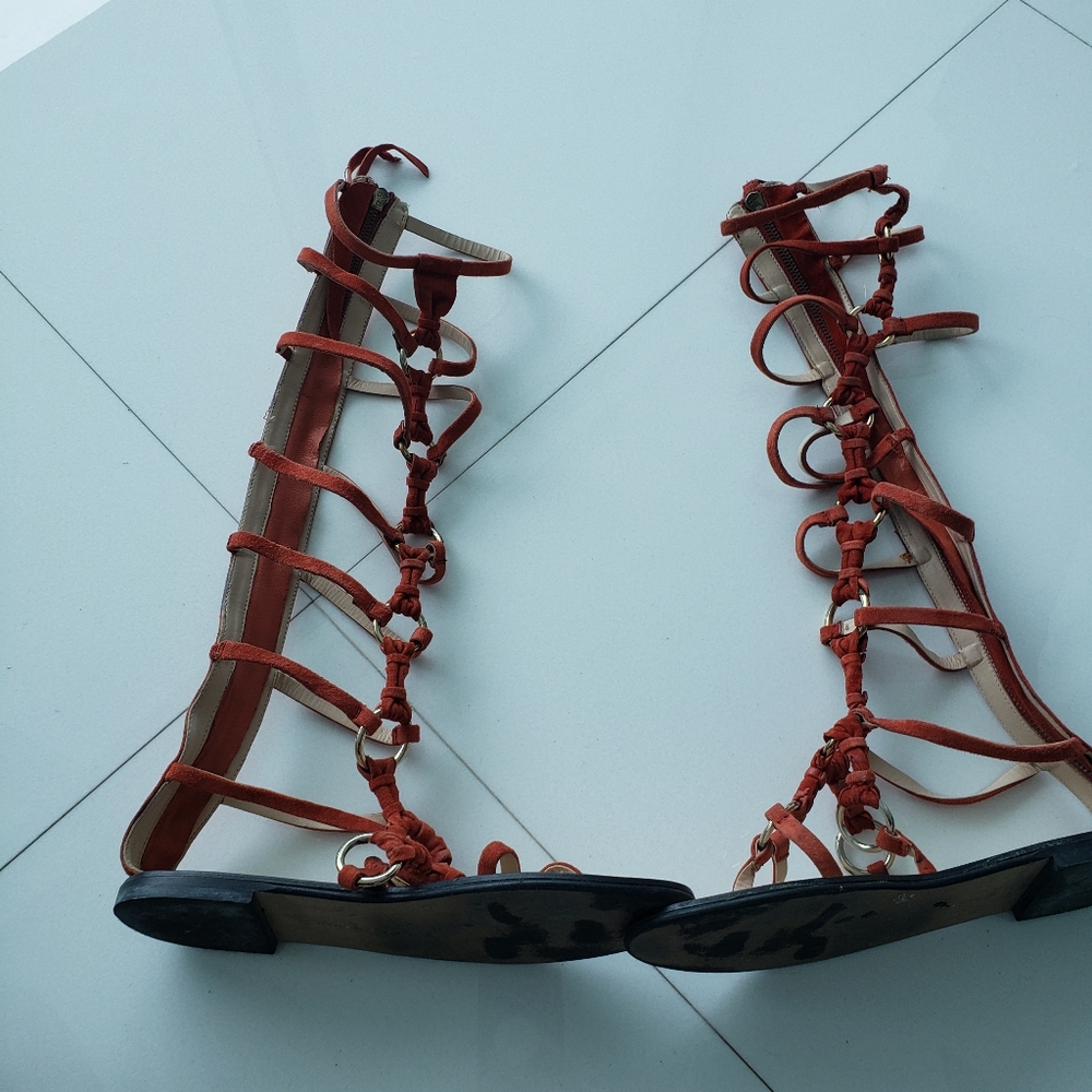 Dark orange suede gladiator sandals.